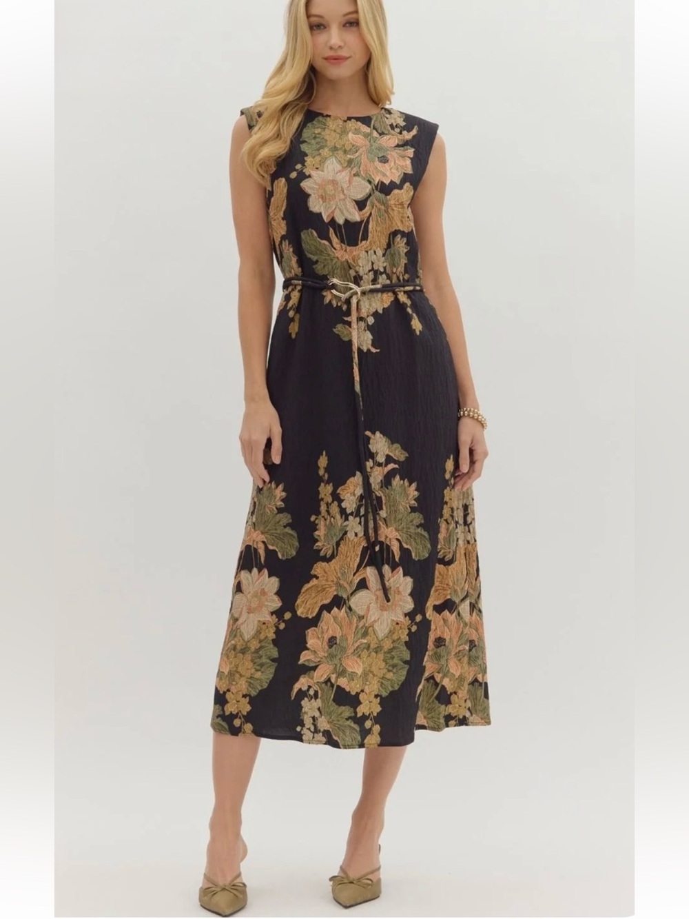 Entro Women’s Large Twilight Botanica Black Green Floral Linen Midi Dress